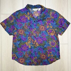 VTG Intentions Paisley Floral Button Shirt Womens M Blue Purple Short Sleeve